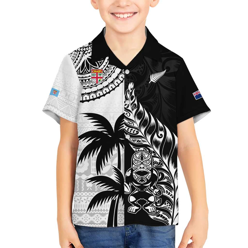 Custom Fiji New Zealand Family Matching Off Shoulder Short Dress and Hawaiian Shirt Maori mix Tapa Pattern Version LT9 Son's Shirt Black - Polynesian Pride