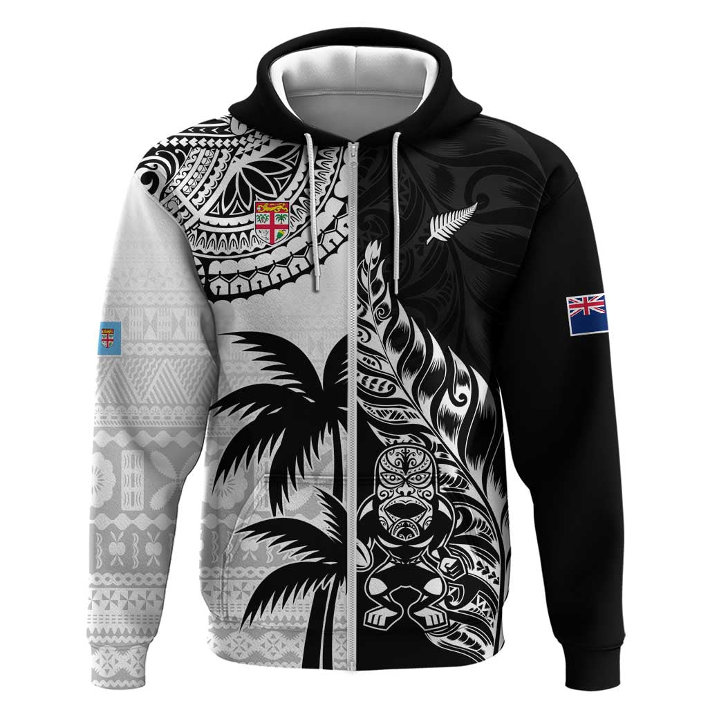 Custom Fiji New Zealand Hoodie Maori mix Tapa Pattern Version LT9 Zip Hoodie Black - Polynesian Pride