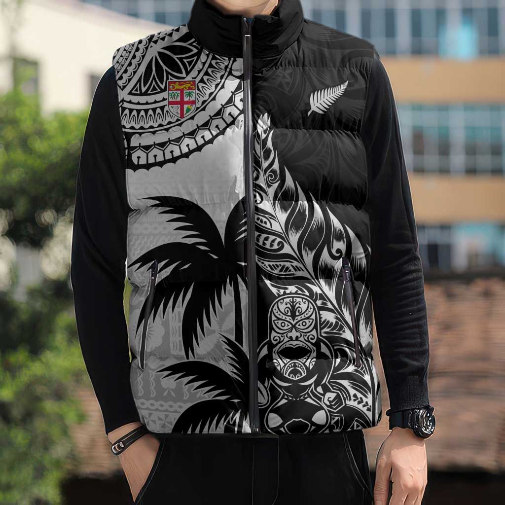 Fiji New Zealand Rugby Personalised Sleeveless Puffer Jacket Maori and Tapa Pattern - Polynesian Pride