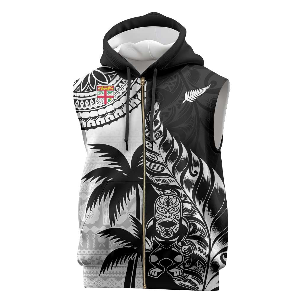 Fiji New Zealand Rugby Personalised Sleeveless Zip Hoodie Maori and Tapa Pattern - Polynesian Pride