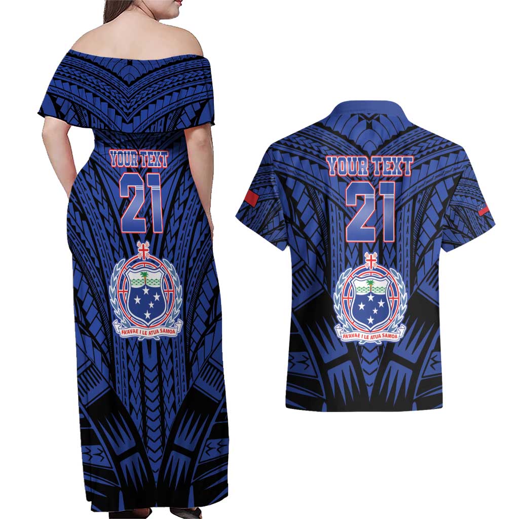 Custom Manu Samoa Sevens Rugby Couples Matching Off Shoulder Maxi Dress and Hawaiian Shirt Samoan Tribal Tattoo
