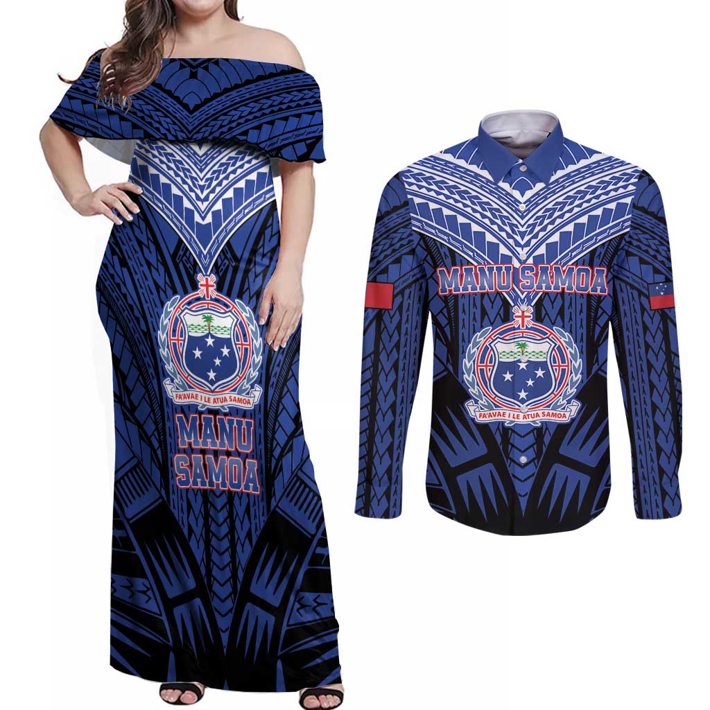 Custom Manu Samoa Sevens Rugby Couples Matching Off Shoulder Maxi Dress and Long Sleeve Button Shirt Samoan Tribal Tattoo LT9 Blue - Polynesian Pride