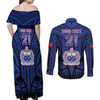 Custom Manu Samoa Sevens Rugby Couples Matching Off Shoulder Maxi Dress and Long Sleeve Button Shirt Samoan Tribal Tattoo