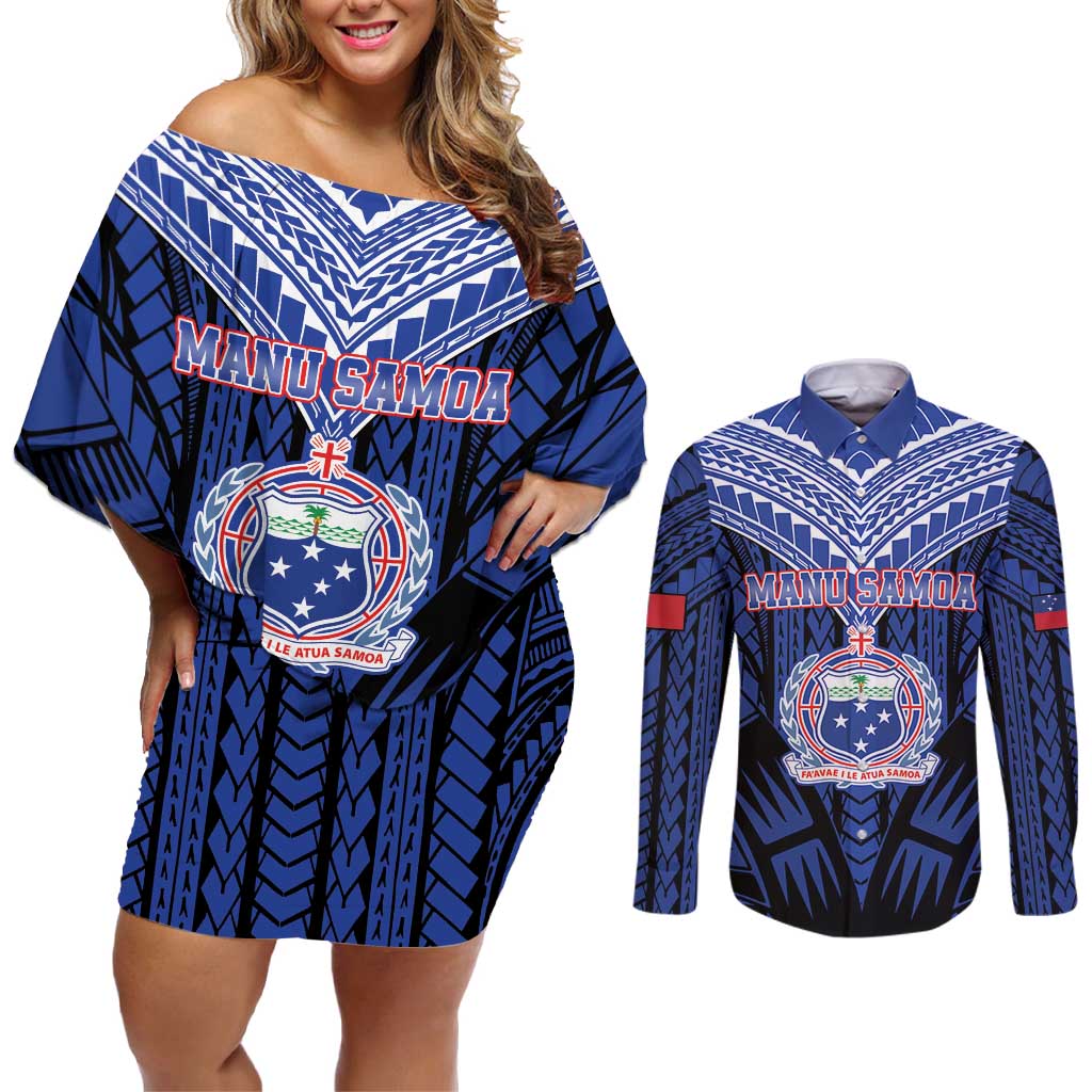 Custom Manu Samoa Sevens Rugby Couples Matching Off Shoulder Short Dress and Long Sleeve Button Shirt Samoan Tribal Tattoo LT9 Blue - Polynesian Pride
