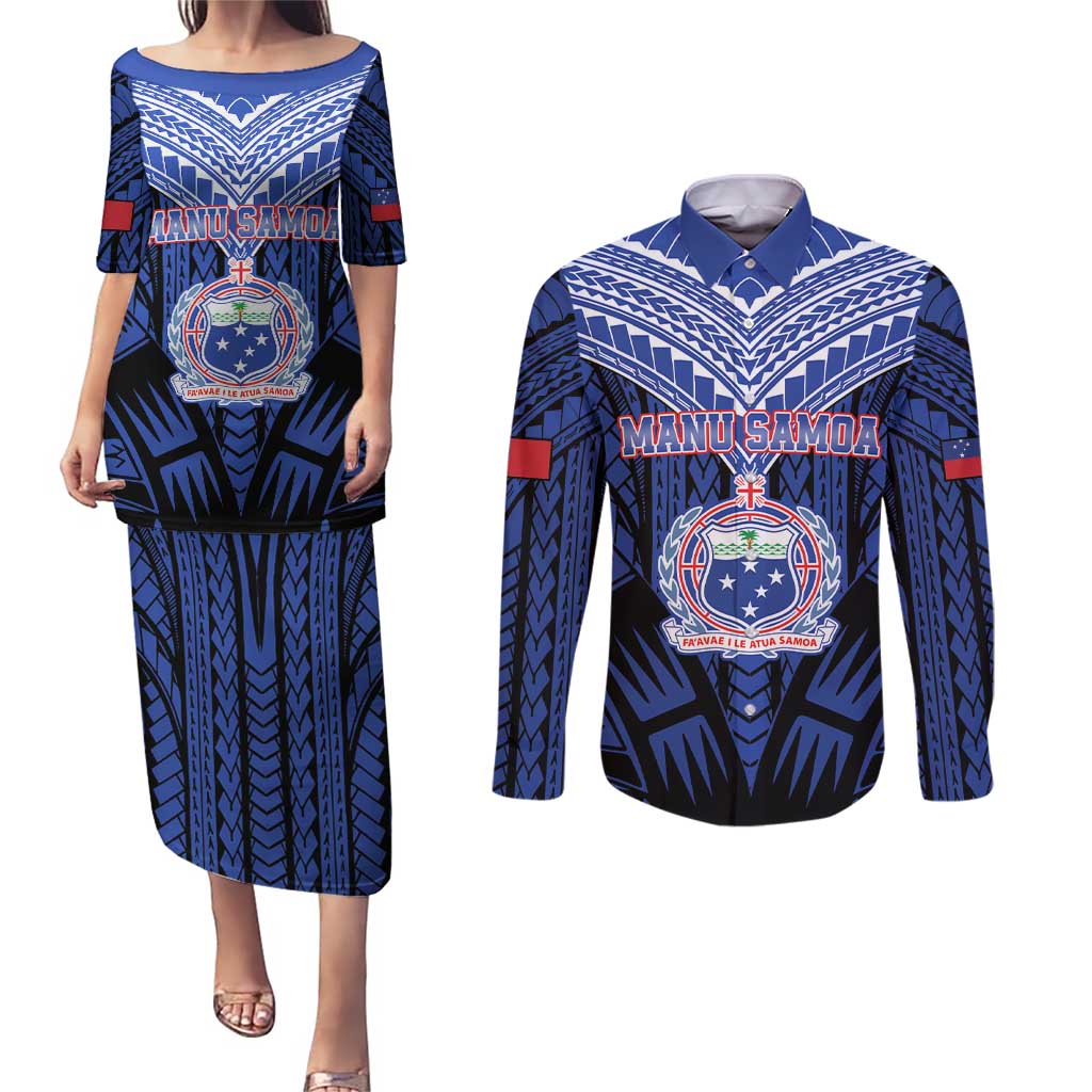 Custom Manu Samoa Sevens Rugby Couples Matching Puletasi and Long Sleeve Button Shirt Samoan Tribal Tattoo LT9 Blue - Polynesian Pride