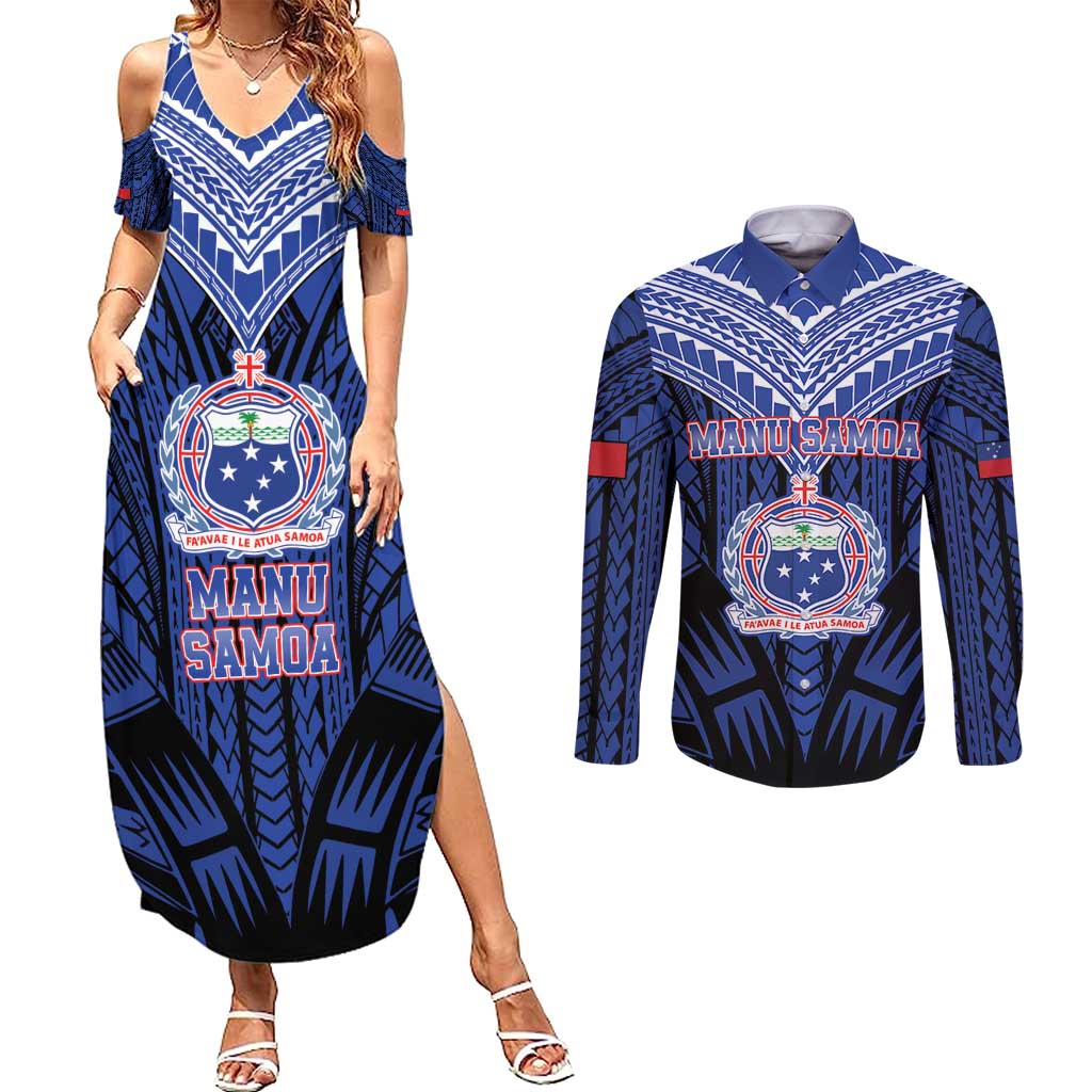 Custom Manu Samoa Sevens Rugby Couples Matching Summer Maxi Dress and Long Sleeve Button Shirt Samoan Tribal Tattoo LT9 Blue - Polynesian Pride