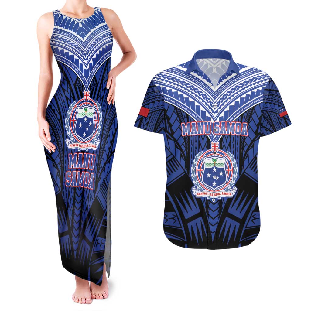 Custom Manu Samoa Sevens Rugby Couples Matching Tank Maxi Dress and Hawaiian Shirt Samoan Tribal Tattoo LT9 Blue - Polynesian Pride