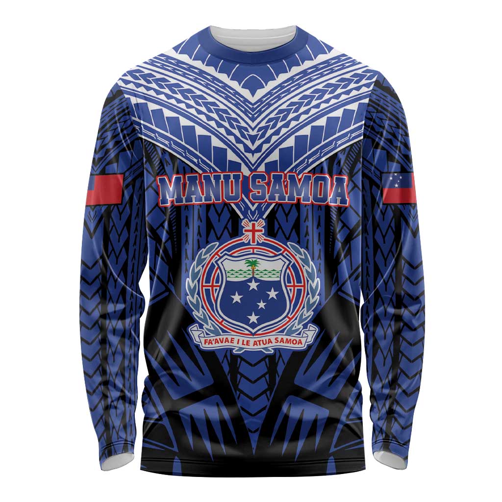 Custom Manu Samoa Sevens Rugby Long Sleeve Shirt Samoan Tribal Tattoo LT9 Unisex Blue - Polynesian Pride