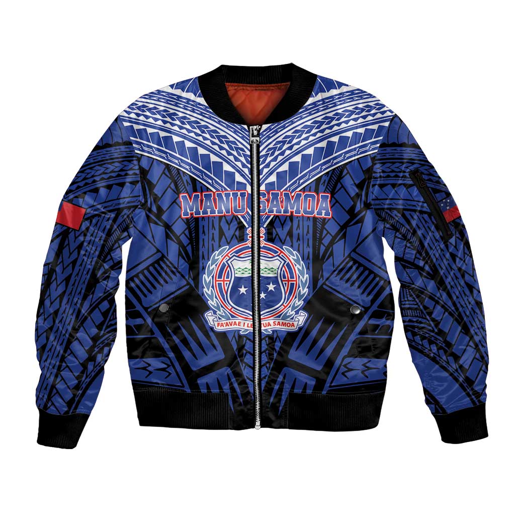 Custom Manu Samoa Sevens Rugby Sleeve Zip Bomber Jacket Samoan Tribal Tattoo LT9 Unisex Blue - Polynesian Pride