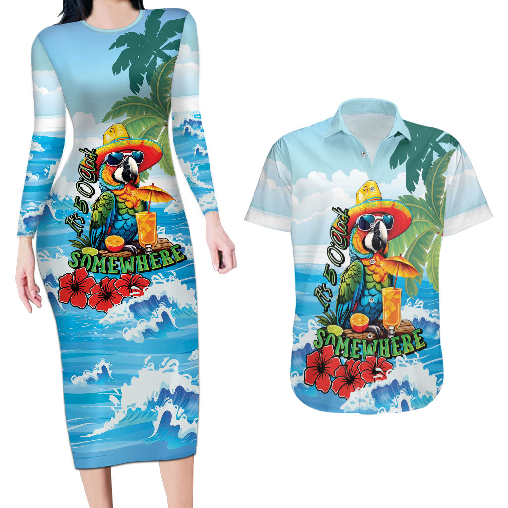 Funny Parrot Margarita Five O'clock Somewhere Couples Matching Long Sleeve Bodycon Dress and Hawaiian Shirt LT9 Blue - Polynesian Pride