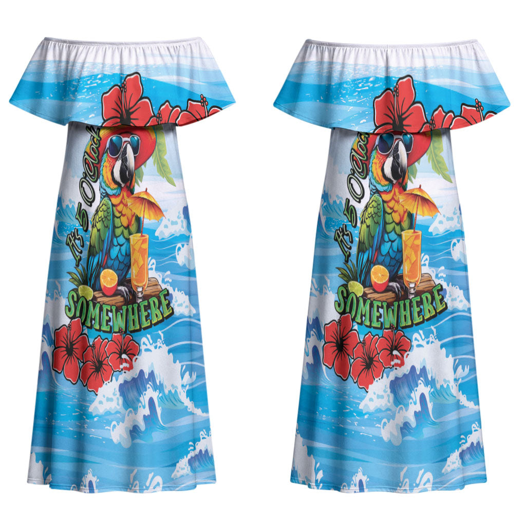 Funny Parrot Margarita Five O'clock Somewhere Couples Matching Off Shoulder Maxi Dress and Hawaiian Shirt LT9 - Polynesian Pride
