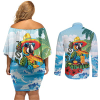 Funny Parrot Margarita Five O'clock Somewhere Couples Matching Off Shoulder Short Dress and Long Sleeve Button Shirt