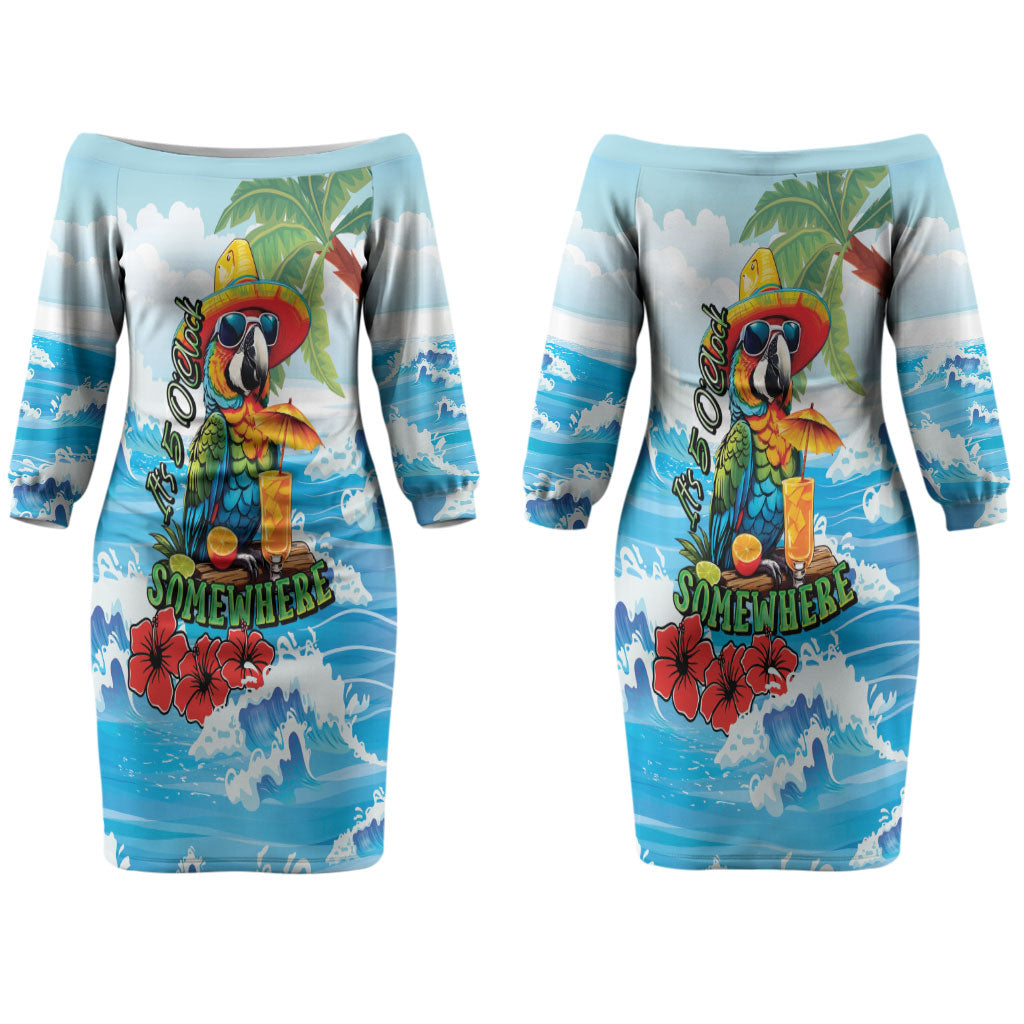 Funny Parrot Margarita Five O'clock Somewhere Couples Matching Off The Shoulder Long Sleeve Dress and Long Sleeve Button Shirt LT9 - Polynesian Pride
