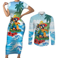 Funny Parrot Margarita Five O'clock Somewhere Couples Matching Short Sleeve Bodycon Dress and Long Sleeve Button Shirt