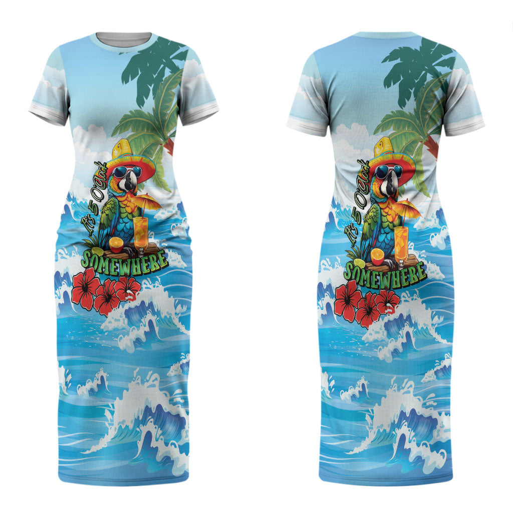 Funny Parrot Margarita Five O'clock Somewhere Couples Matching Short Sleeve Bodycon Dress and Long Sleeve Button Shirt LT9 - Polynesian Pride