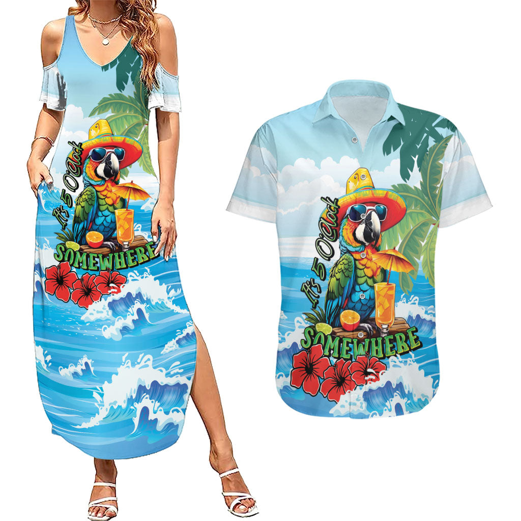 Funny Parrot Margarita Five O'clock Somewhere Couples Matching Summer Maxi Dress and Hawaiian Shirt LT9 Blue - Polynesian Pride