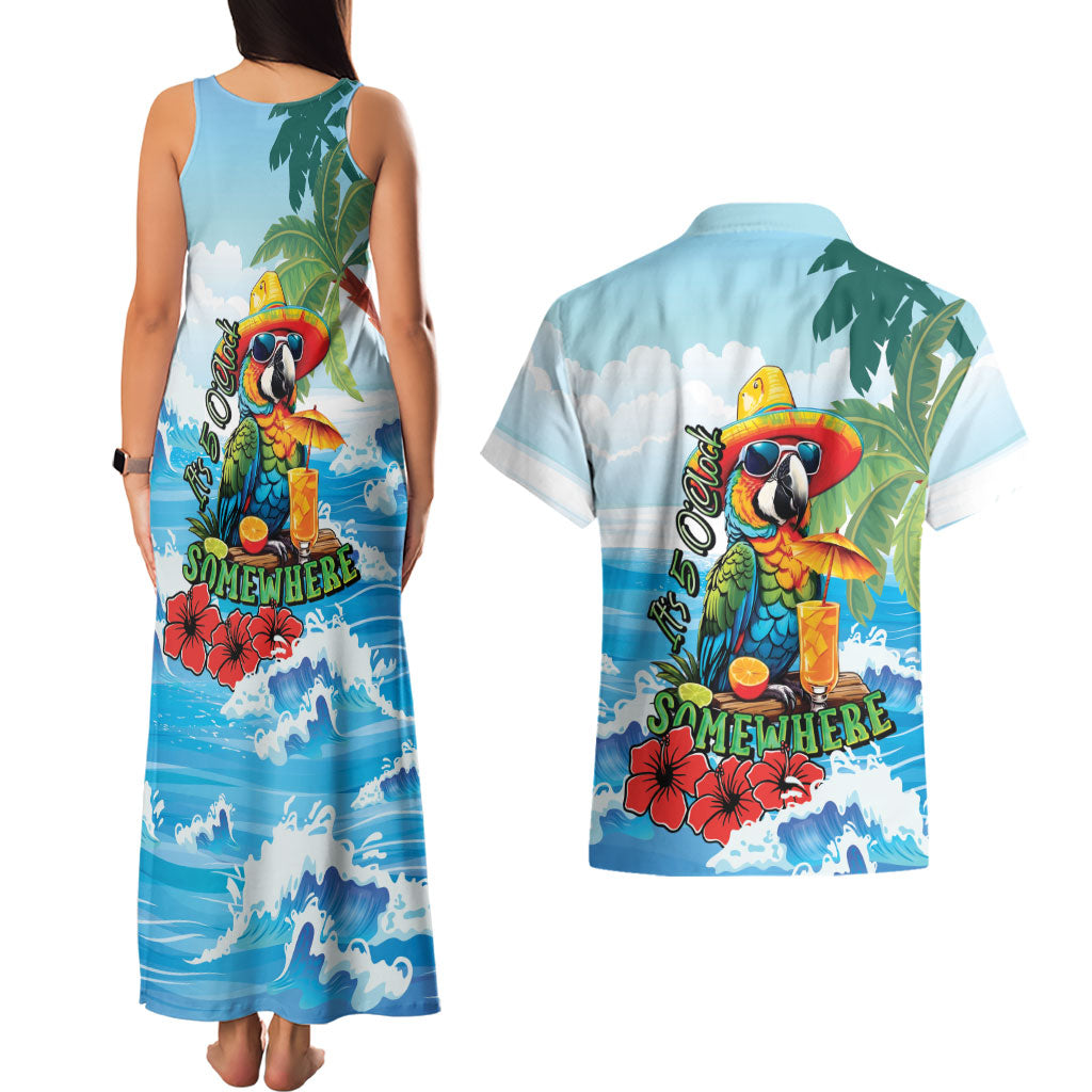 Funny Parrot Margarita Five O'clock Somewhere Couples Matching Tank Maxi Dress and Hawaiian Shirt