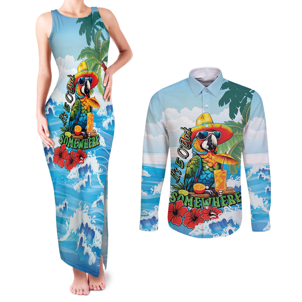 Funny Parrot Margarita Five O'clock Somewhere Couples Matching Tank Maxi Dress and Long Sleeve Button Shirt