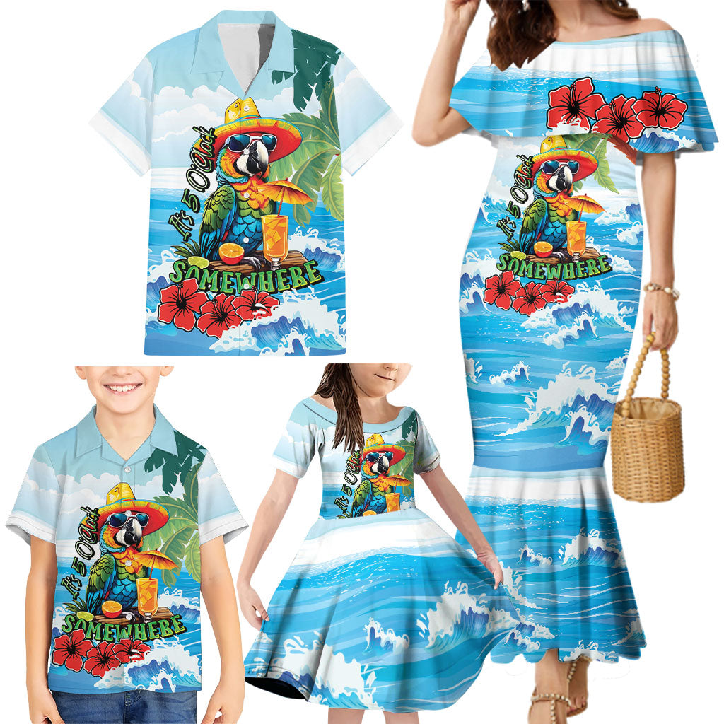 Funny Parrot Margarita Five O'clock Somewhere Family Matching Mermaid Dress and Hawaiian Shirt
