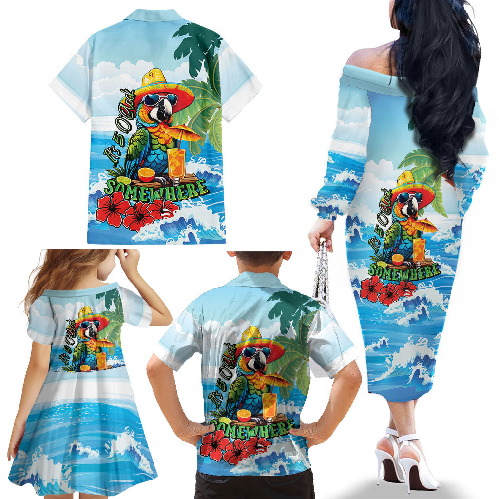 Funny Parrot Margarita Five O'clock Somewhere Family Matching Off The Shoulder Long Sleeve Dress and Hawaiian Shirt