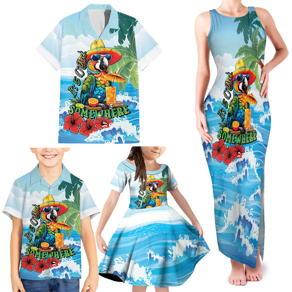 Funny Parrot Margarita Five O'clock Somewhere Family Matching Tank Maxi Dress and Hawaiian Shirt