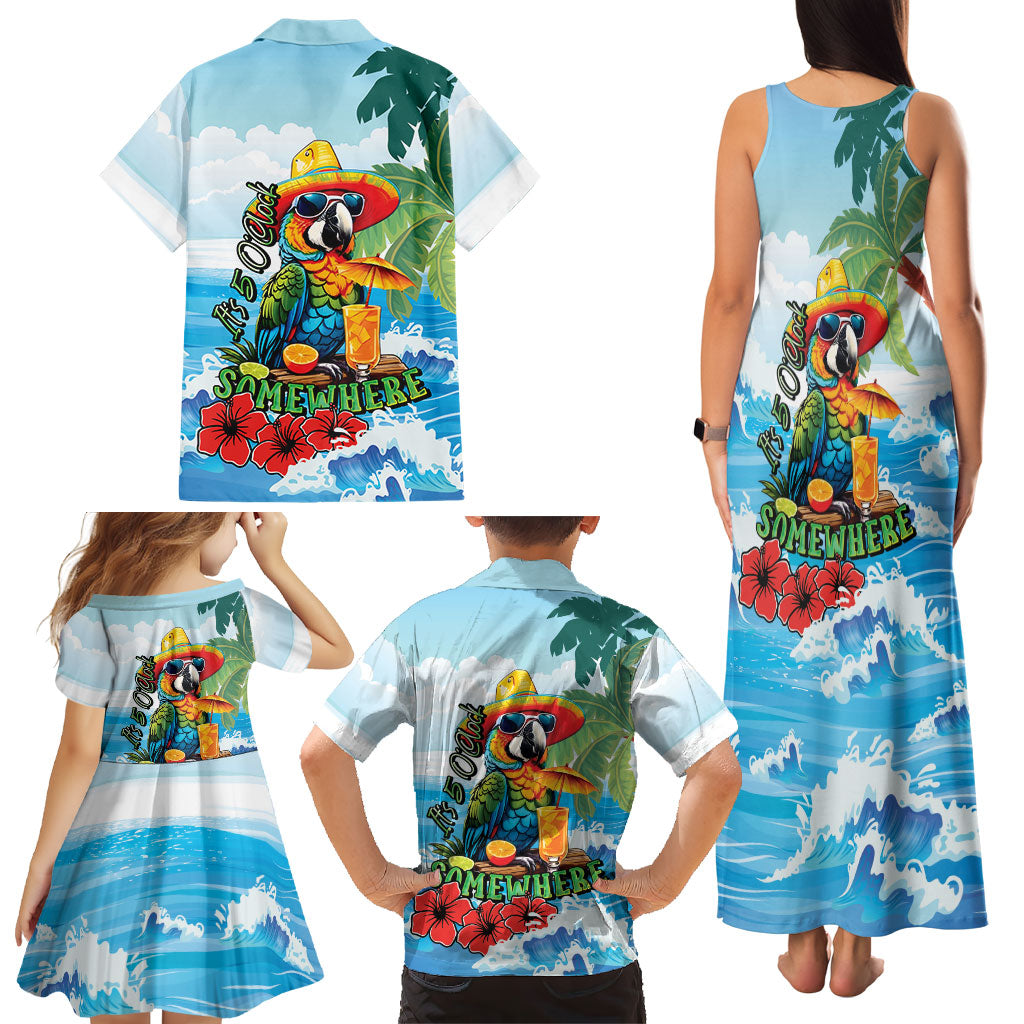Funny Parrot Margarita Five O'clock Somewhere Family Matching Tank Maxi Dress and Hawaiian Shirt