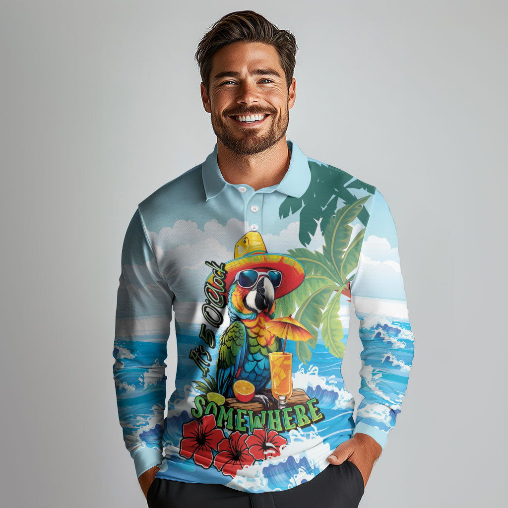 Funny Parrot Margarita Five O'clock Somewhere Long Sleeve Polo Shirt