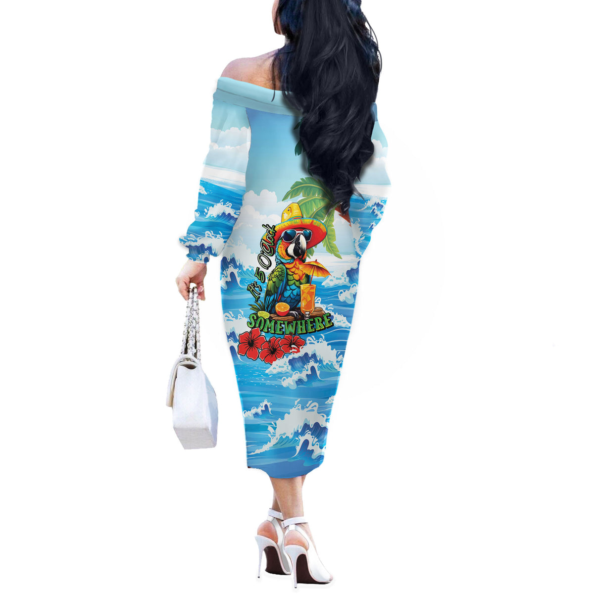 Funny Parrot Margarita Five O'clock Somewhere Off The Shoulder Long Sleeve Dress