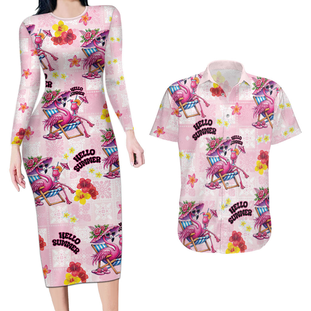 Hawaii Flamingo Hello Summer Couples Matching Long Sleeve Bodycon Dress and Hawaiian Shirt Hawaiian Quilt Pattern LT9 Pink - Polynesian Pride