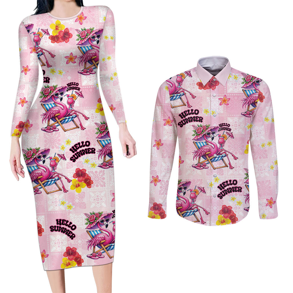 Hawaii Flamingo Hello Summer Couples Matching Long Sleeve Bodycon Dress and Long Sleeve Button Shirt Hawaiian Quilt Pattern LT9 Pink - Polynesian Pride