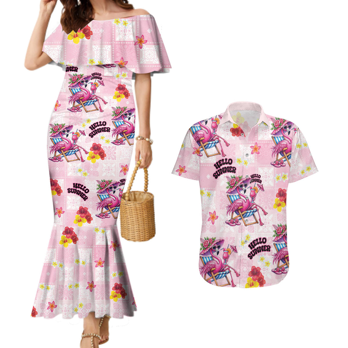 Hawaii Flamingo Hello Summer Couples Matching Mermaid Dress and Hawaiian Shirt Hawaiian Quilt Pattern