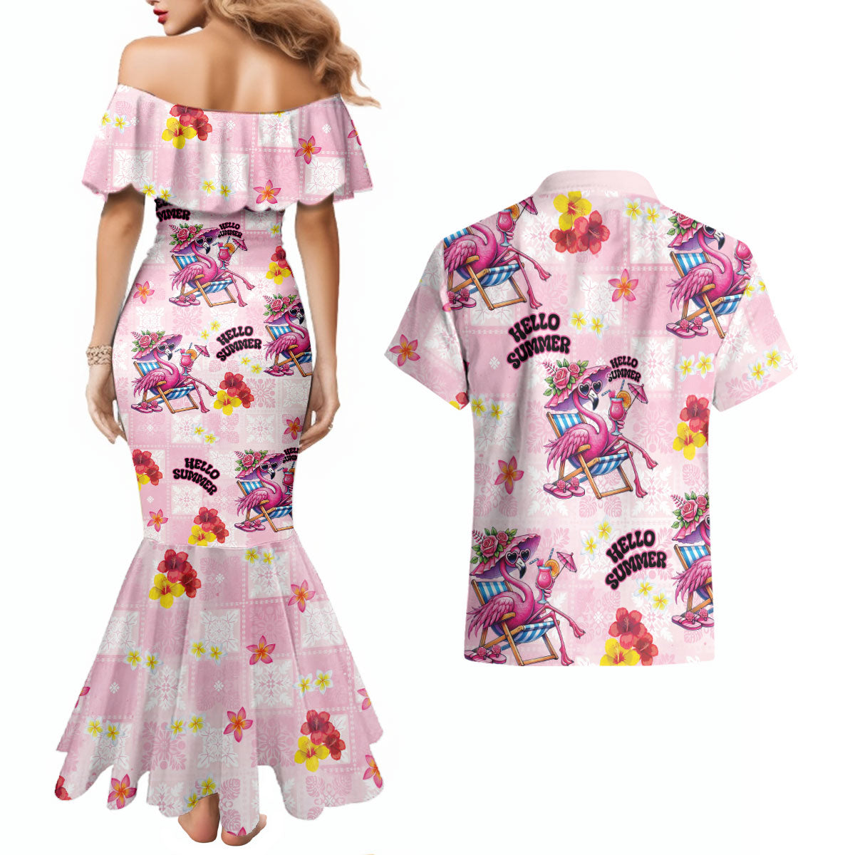 Hawaii Flamingo Hello Summer Couples Matching Mermaid Dress and Hawaiian Shirt Hawaiian Quilt Pattern