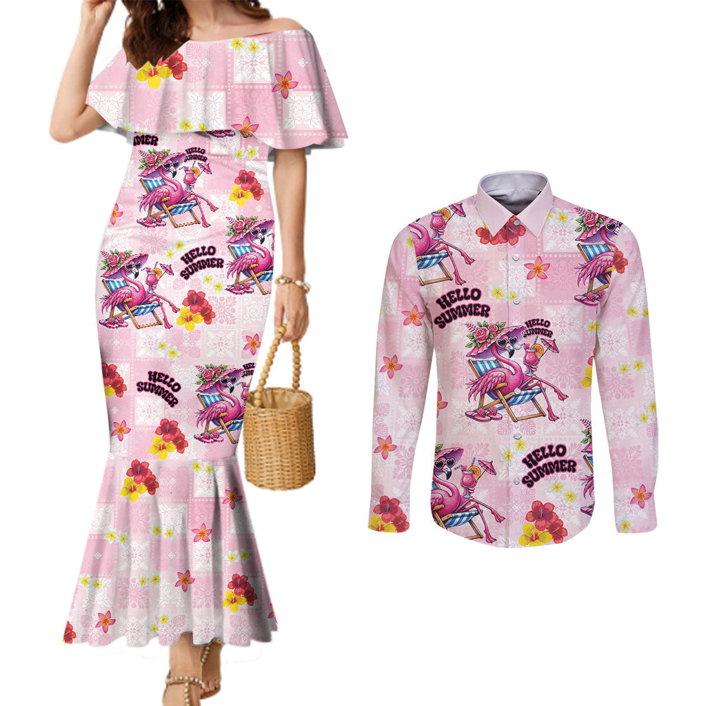 Hawaii Flamingo Hello Summer Couples Matching Mermaid Dress and Long Sleeve Button Shirt Hawaiian Quilt Pattern LT9 Pink - Polynesian Pride