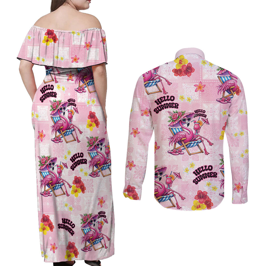 Hawaii Flamingo Hello Summer Couples Matching Off Shoulder Maxi Dress and Long Sleeve Button Shirt Hawaiian Quilt Pattern