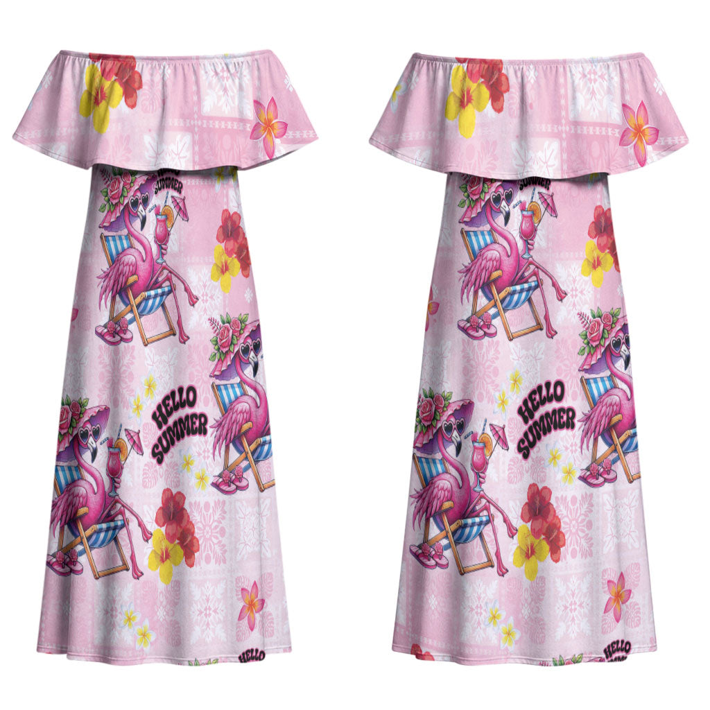 Hawaii Flamingo Hello Summer Couples Matching Off Shoulder Maxi Dress and Long Sleeve Button Shirt Hawaiian Quilt Pattern LT9 - Polynesian Pride