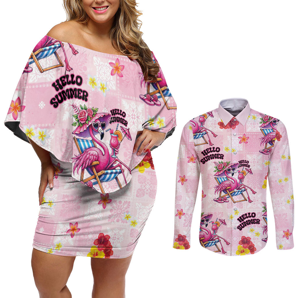 Hawaii Flamingo Hello Summer Couples Matching Off Shoulder Short Dress and Long Sleeve Button Shirt Hawaiian Quilt Pattern LT9 Pink - Polynesian Pride