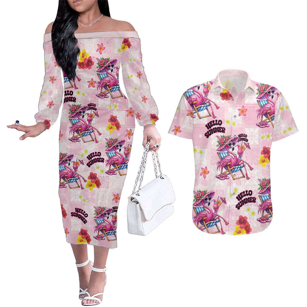 Hawaii Flamingo Hello Summer Couples Matching Off The Shoulder Long Sleeve Dress and Hawaiian Shirt Hawaiian Quilt Pattern LT9 Pink - Polynesian Pride