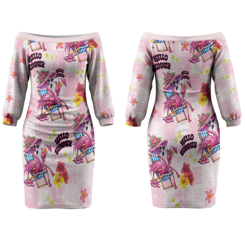 Hawaii Flamingo Hello Summer Couples Matching Off The Shoulder Long Sleeve Dress and Hawaiian Shirt Hawaiian Quilt Pattern LT9 - Polynesian Pride