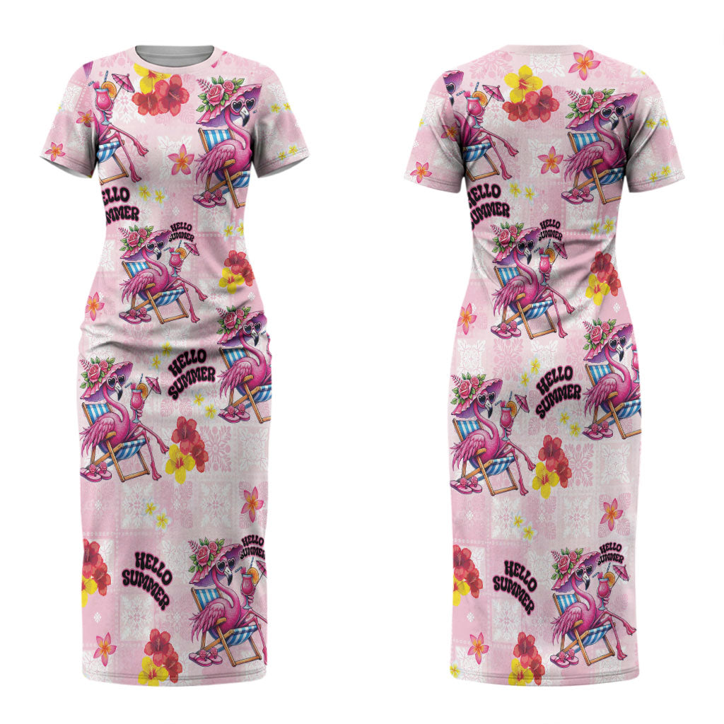 Hawaii Flamingo Hello Summer Couples Matching Short Sleeve Bodycon Dress and Long Sleeve Button Shirt Hawaiian Quilt Pattern LT9 - Polynesian Pride