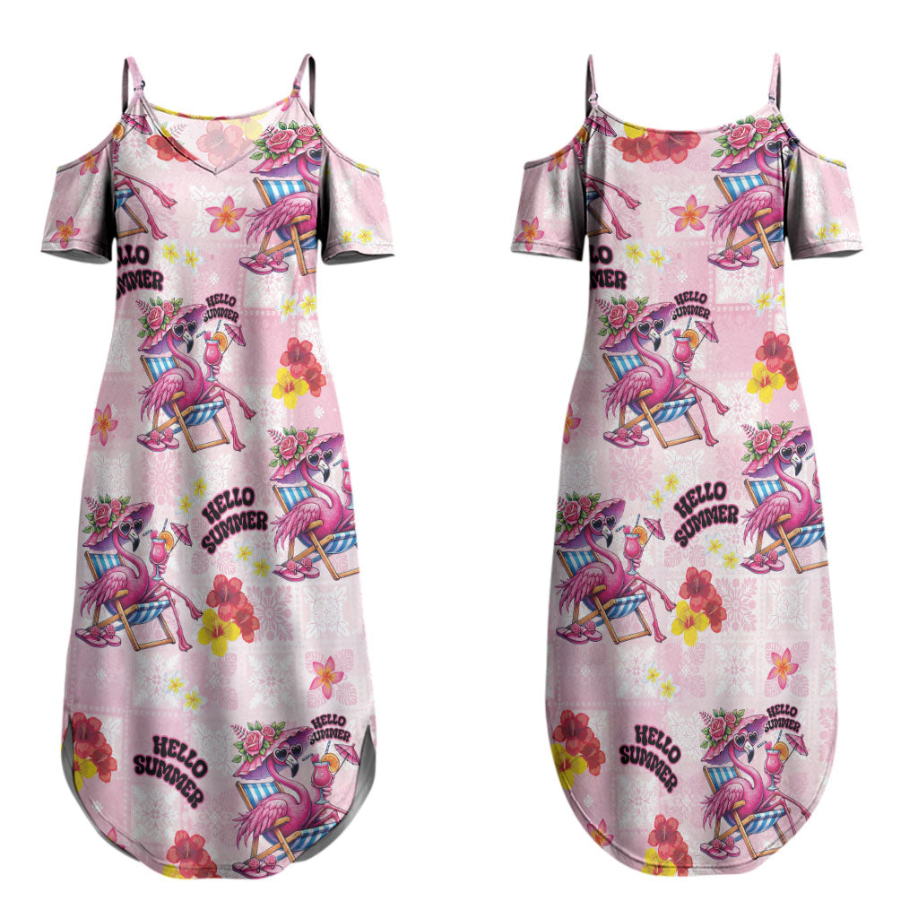 Hawaii Flamingo Hello Summer Couples Matching Summer Maxi Dress and Long Sleeve Button Shirt Hawaiian Quilt Pattern LT9 - Polynesian Pride