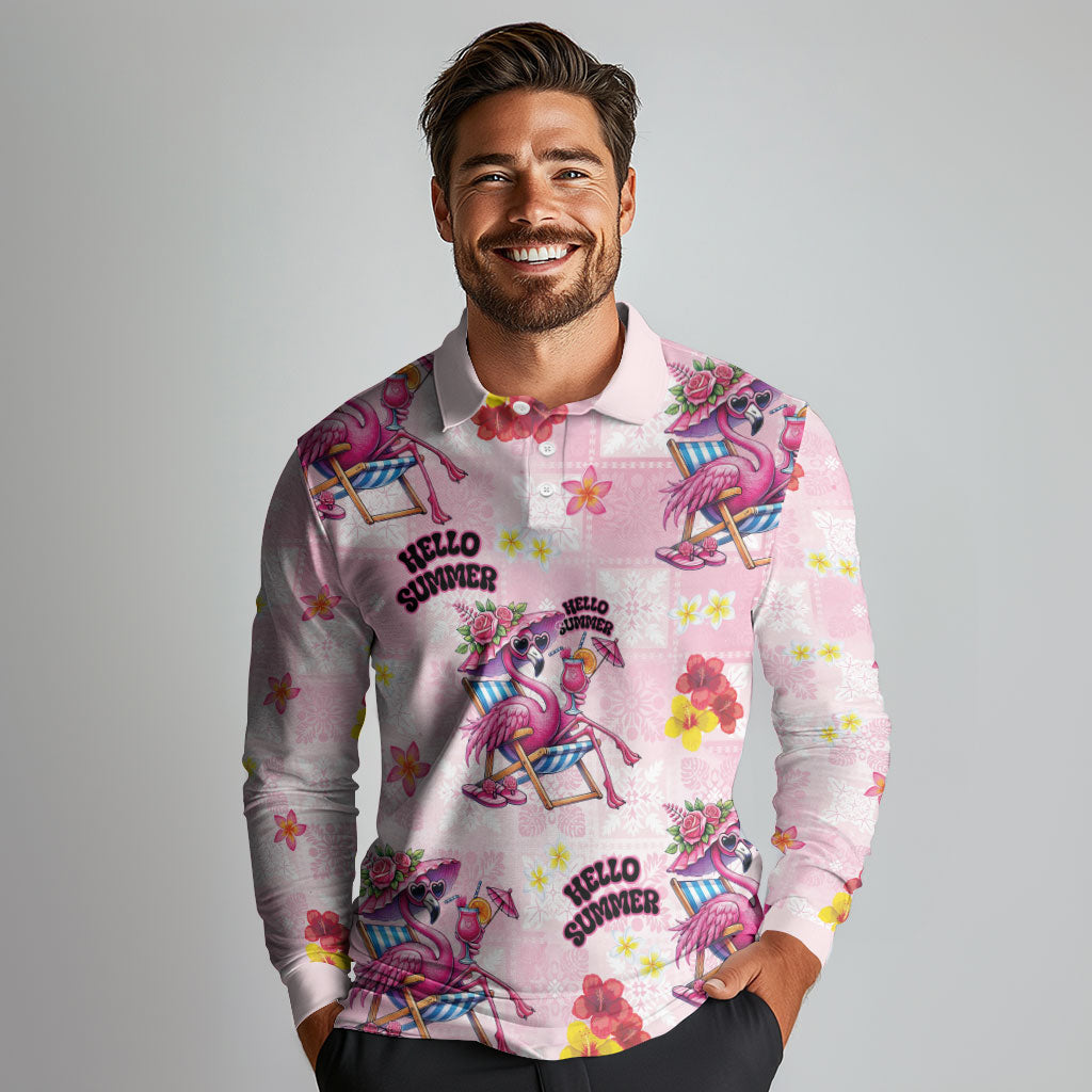 Hawaii Flamingo Hello Summer Long Sleeve Polo Shirt Hawaiian Quilt Pattern