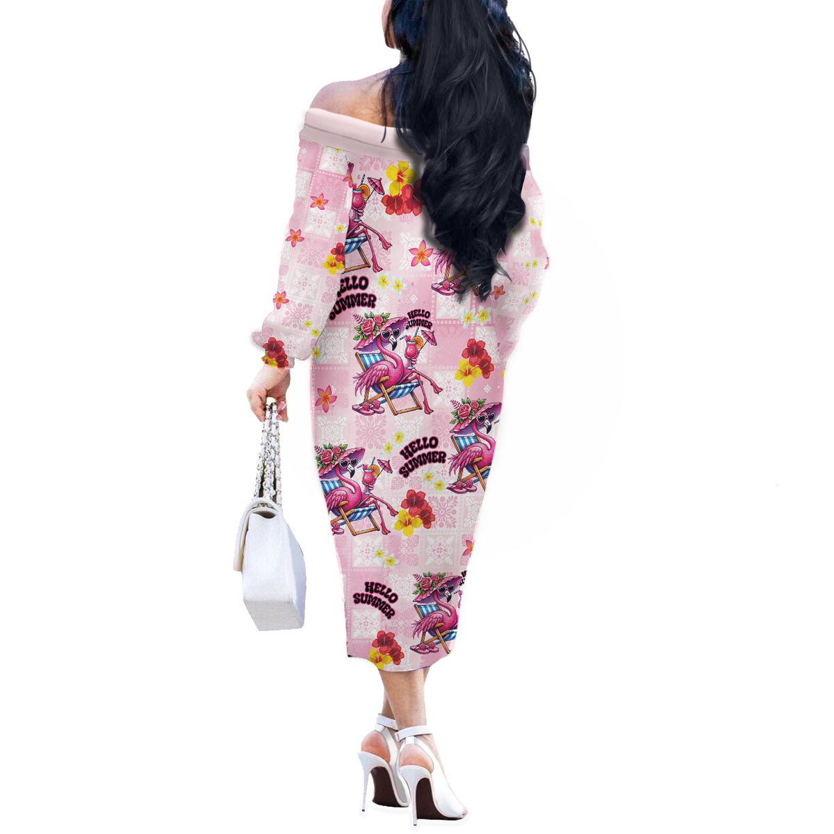 Hawaii Flamingo Hello Summer Off The Shoulder Long Sleeve Dress Hawaiian Quilt Pattern