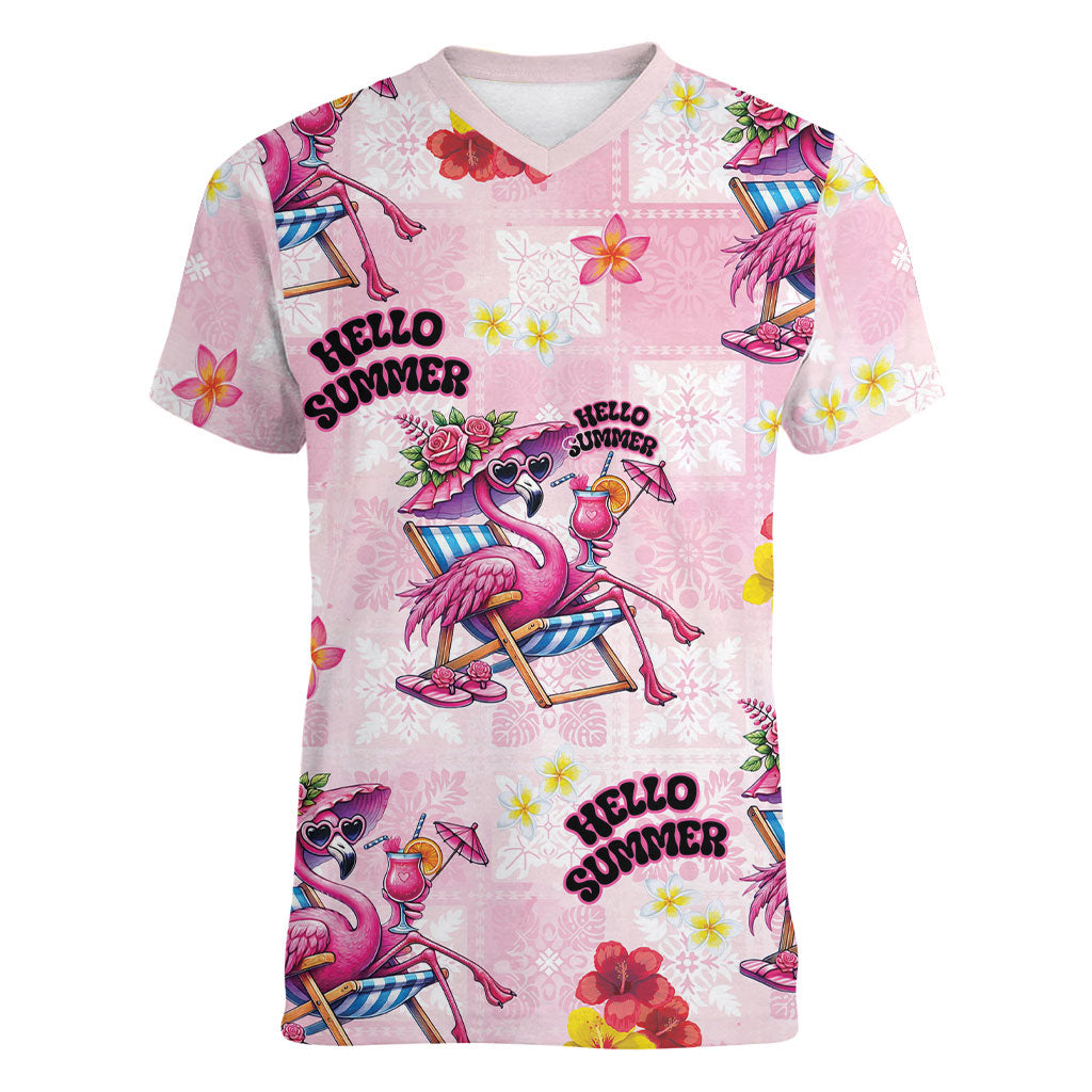 Hawaii Flamingo Hello Summer Women V-Neck T-Shirt Hawaiian Quilt Pattern