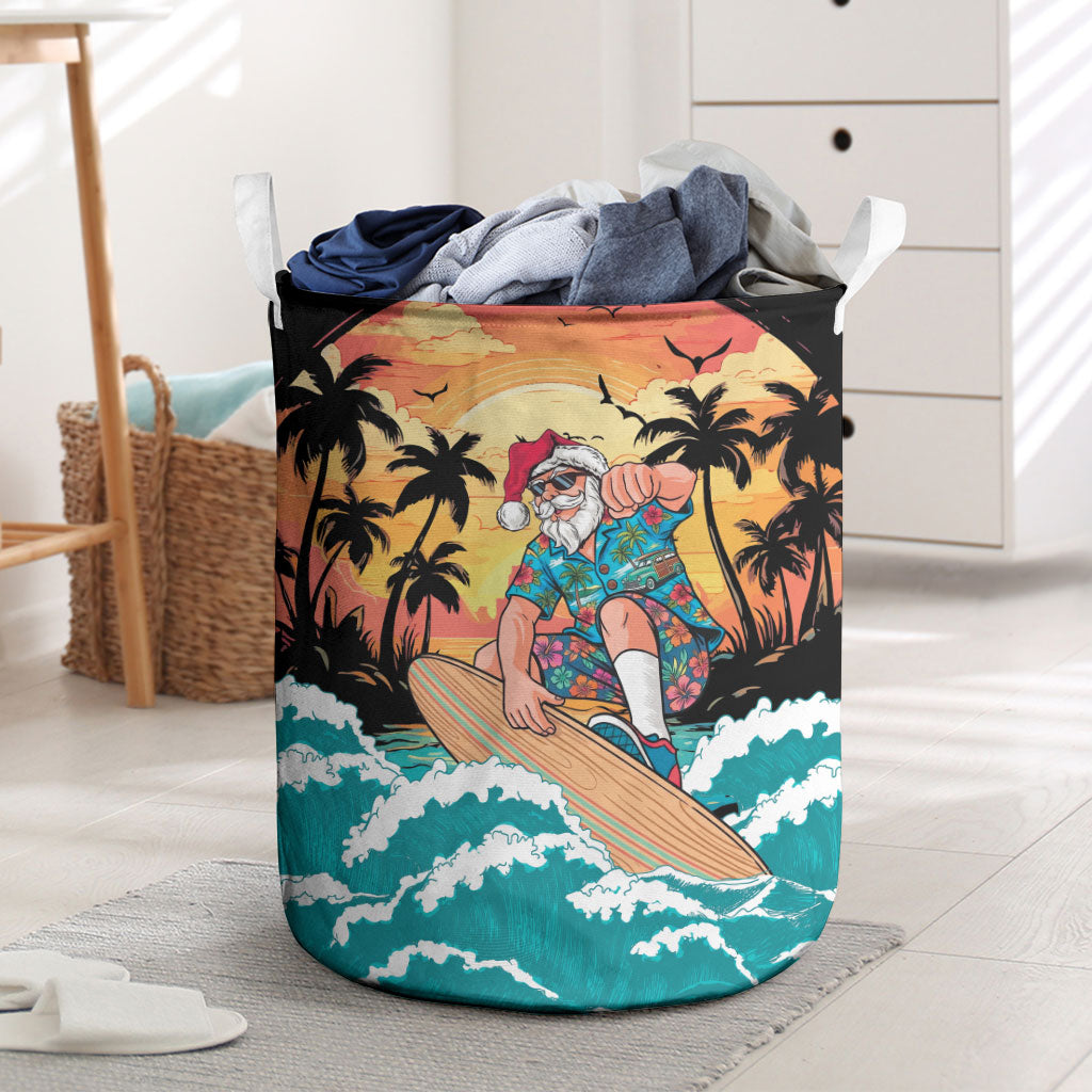 Vintage Santa Claus Surfing Summer Laundry Basket Mele Kalikimaka i Iulai!