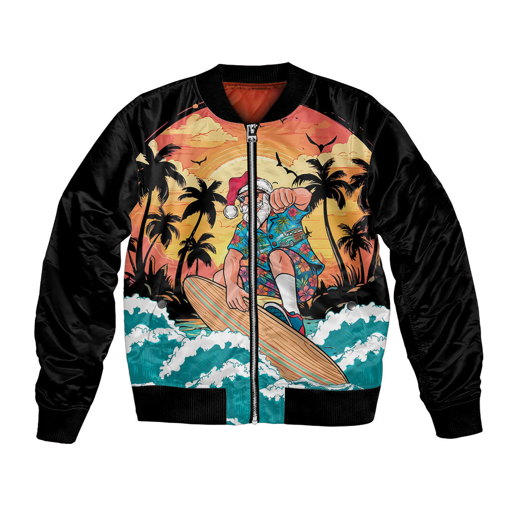 Vintage Santa Claus Surfing Summer Bomber Jacket Mele Kalikimaka i Iulai! LT9 Unisex Black - Polynesian Pride