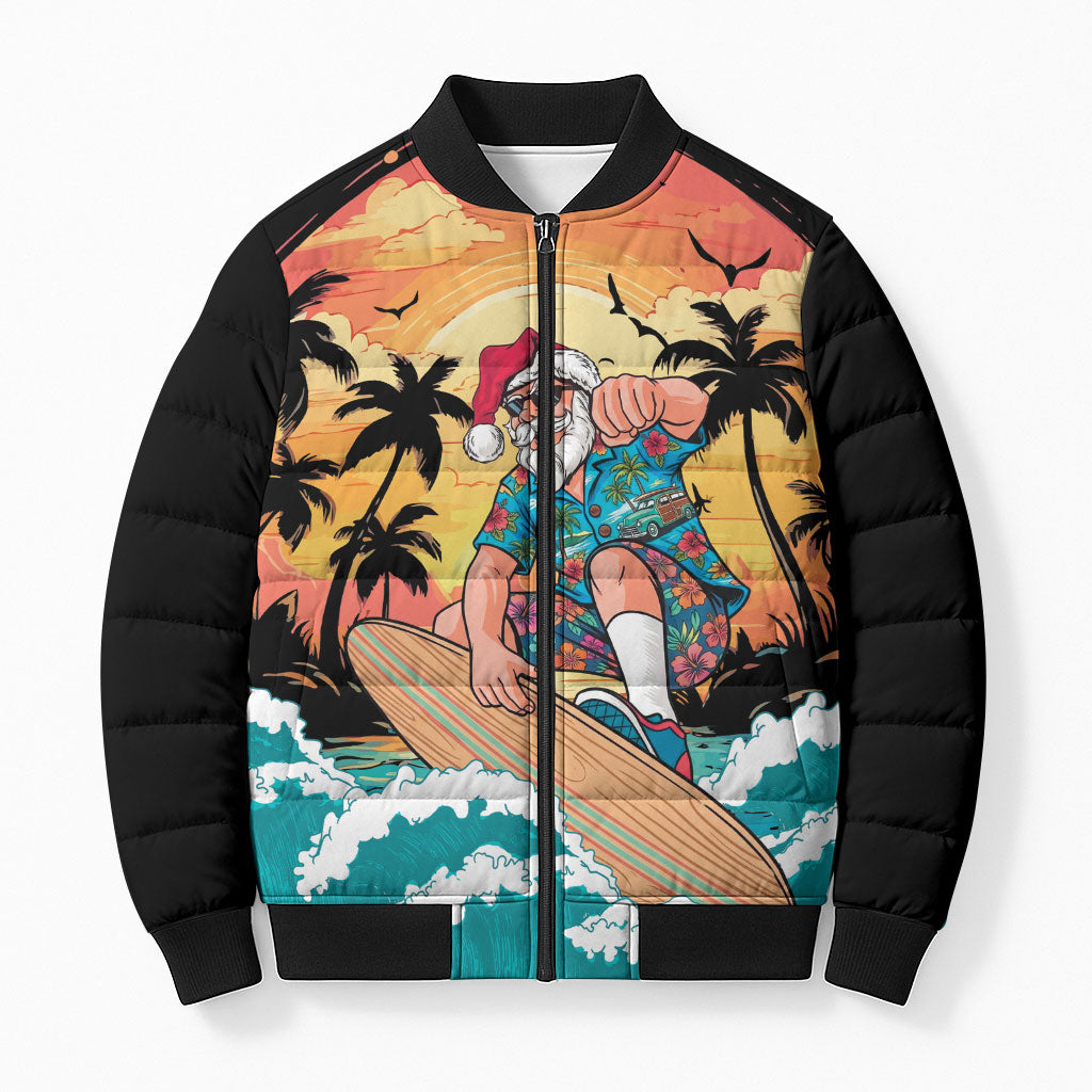 Vintage Santa Claus Surfing Summer Bomber Puffer Jacket Mele Kalikimaka i Iulai!