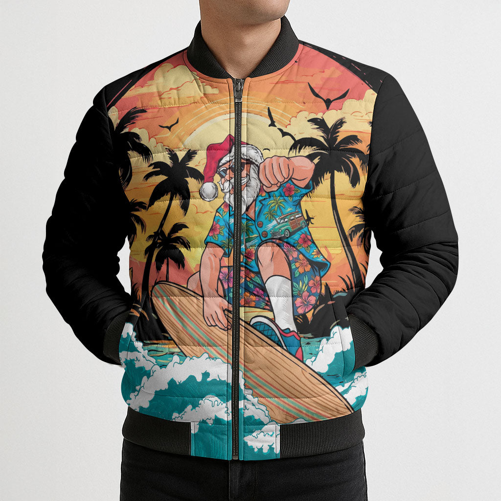 Vintage Santa Claus Surfing Summer Bomber Puffer Jacket Mele Kalikimaka i Iulai!