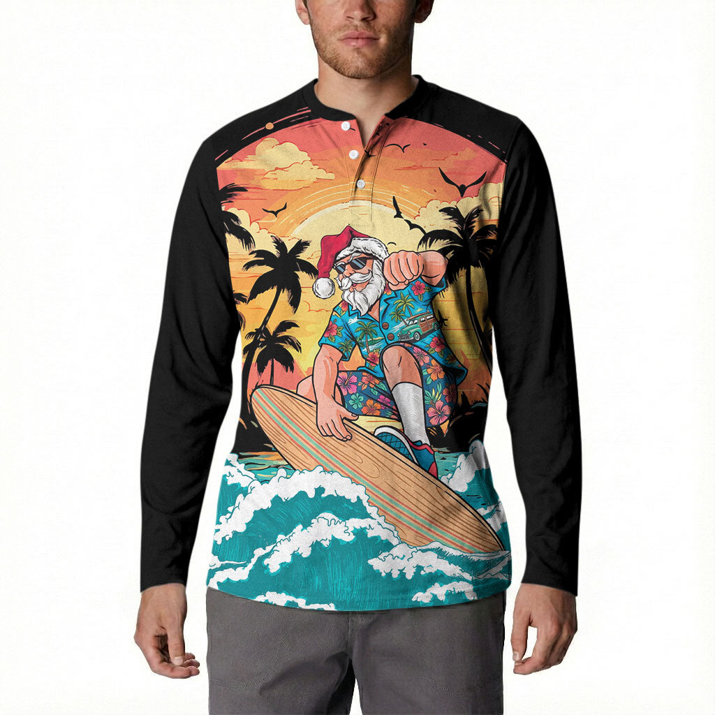 Vintage Santa Claus Surfing Summer Button Sweatshirt Mele Kalikimaka i Iulai!