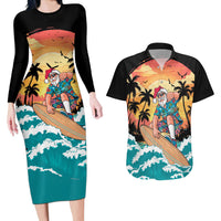 Vintage Santa Claus Surfing Summer Couples Matching Long Sleeve Bodycon Dress and Hawaiian Shirt Mele Kalikimaka i Iulai!