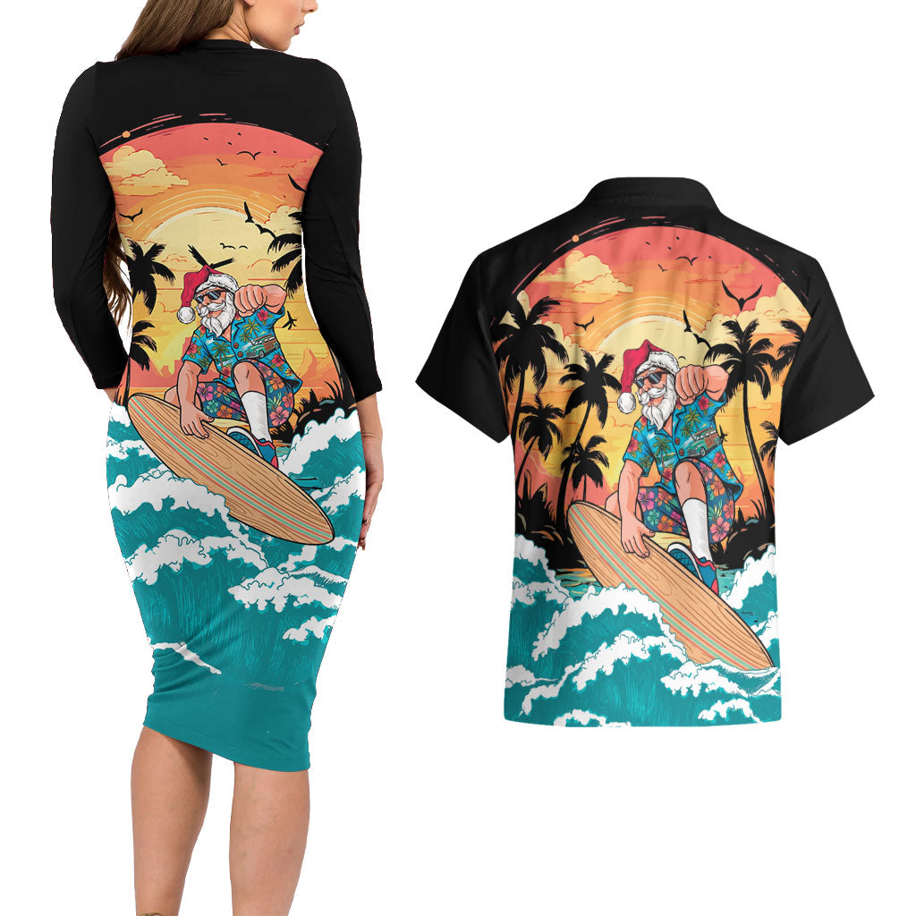 Vintage Santa Claus Surfing Summer Couples Matching Long Sleeve Bodycon Dress and Hawaiian Shirt Mele Kalikimaka i Iulai!